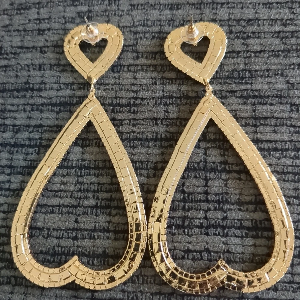 Red Rhinestone Studded Open Heart Drop Dangle Statement Earrings - Picture 3 of 6